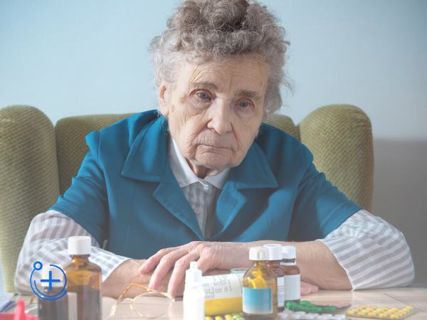 Бабушка смотрит на лекарство Бабушка с Альцгеймером